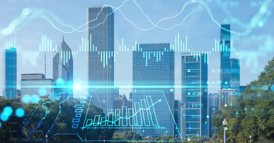 Financial district skyline with a hologram graph overtop illustrating a commercial real estate transaction